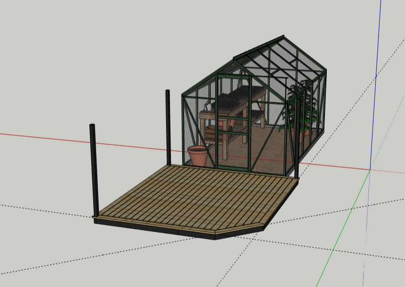Tegningen af terrassen og drivhuset i SketchUp